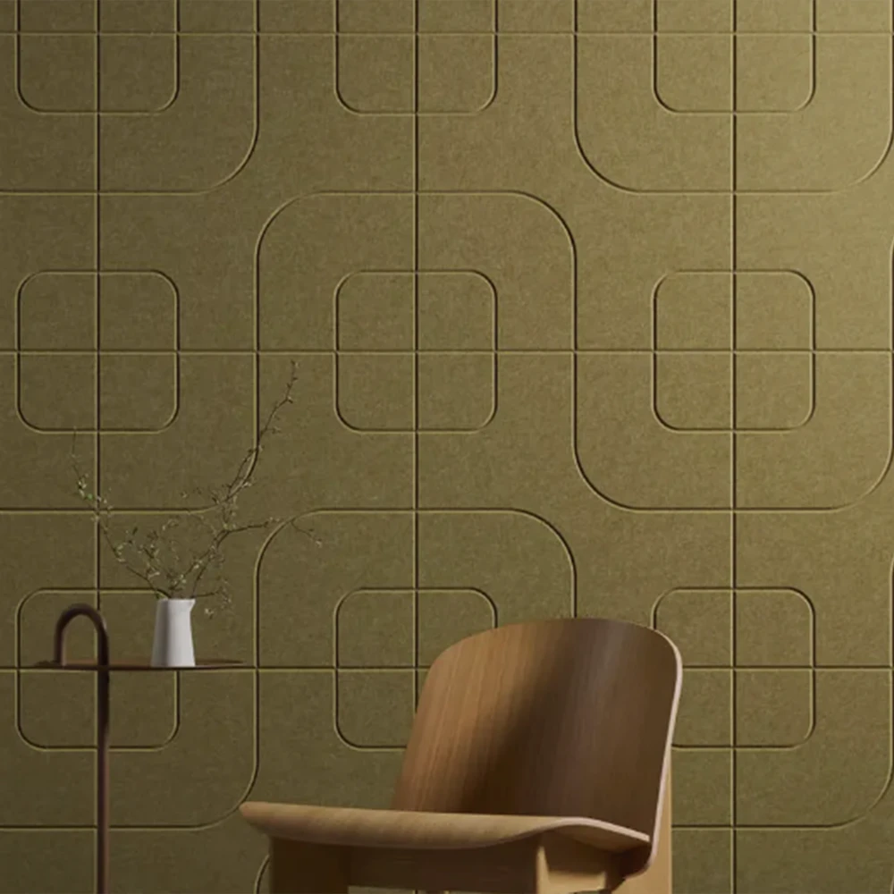 Autex groove acoustic wall tiles intersect pattern in highland colour in situ